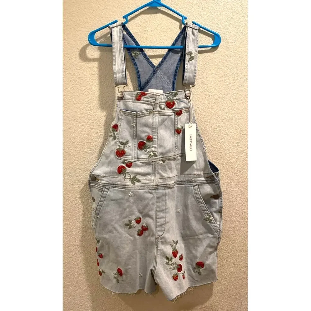 Driftwood NWT Strawberry Fields Embroidered Denim Shortalls Size L